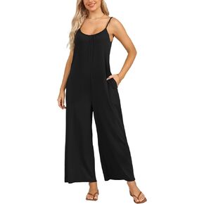 Womens Sleeveless Jumpsuit Spaghetti Strap Wide Leg Summer Casual Loose Long Pants Stretchy Romper With Pockets