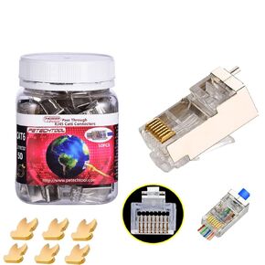 PETECHTOOL RJ45 CAT6a Cat6 Connector with Grounding Buckle Gold Plated 8P8C Grounded Pass Through Shield Plug 50PC(External grounding)
