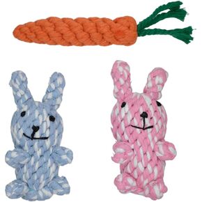 HILLBERRY Dog Rope Chew Toy Cotton Pink and Blue Rabbits and Carrot Bundle Set for Teething Puppy, Small, Miniature and Toy Breed Pet Essentials