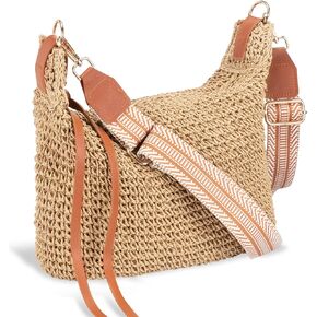 Straw Bag for Women - Summer Beach Crossbody Bag - Handmade Zipper Straw Purse