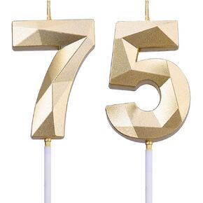 2 inch Gold 75 & 57 Birthday Candles, 3D Diamond Number 75th & 57th Cake Topper for Men Women Birthday Party Decorations Theme Party
