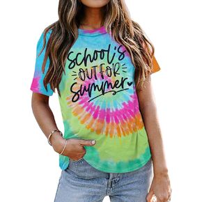School's Out for Summer Shirt Women Teacher Life T-Shirt Rainbow Student Vacation Short Sleeve Tee Tops