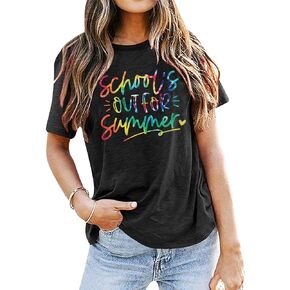 School's Out for Summer Shirt Women Teacher Life T-Shirt Rainbow Student Vacation Short Sleeve Tee Tops