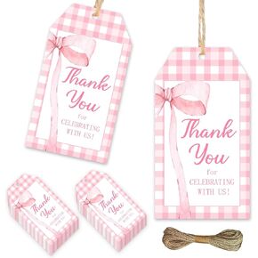 50Pcs Pink Bow Thank You Tags Pink Bow Theme Thank You Label Gift Wrapping “thank You for Celebrating with Us !" Pink Coquette Bow Princess Birthday Party Decor for Girls Baby Shower Bridal Shower