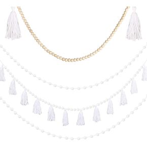Tassel Garland Banner Pom Pom Balls Decorative Wall Hanging with Wood Bead Garland for Classroom Home Nursery Wedding, Birthday Christmas Party Decorations (White,4pcs)