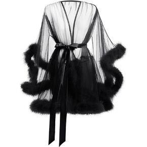 MioCloth Sexy Tulle Feather Robe Sheer Mesh Fur Illusion Robe Nightgown Bridal Lingeries Gift Women Feather Trim Dress