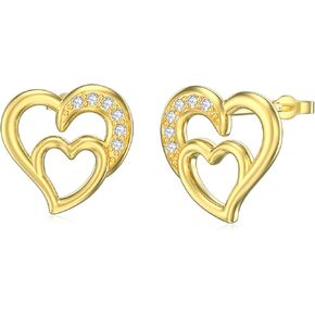 أقراط على شكل قلب من الذهب الحقيقي عيار 14 قيراط - أقراط على شكل قلب مزدوج أنيقة مع أقراط على شكل قلب من الزركونيا المكعبة 5A من الذهب الأصفر على شكل قلب in Kuwait