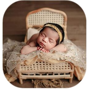Vemonllas Newborn Photography Props Boys Girls Gold Star Translucent Blanket Wrap Basket Stuffer Cloth Set (Beige)