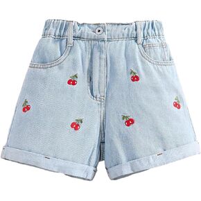 SHENHE Girl's Graphic Cherry Embroidery Roll Up Hem Jeans Elastic Waist Denim Shorts