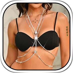 Boho Rhinestone Star Body Chain Bra Silver Sparkly Layered Chest Chains Summer Beach Costume Body Jewelry for Women