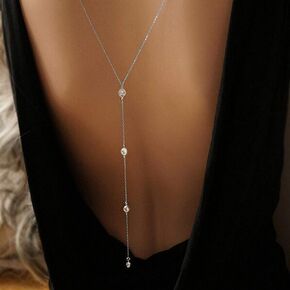 Rhinestones Body Chain Sparkly Crystal Back Necklace Wedding Silver Body Jewelry for Women and Girls