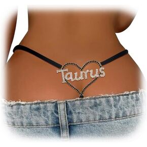 Summer Bikini Rhinestone Taurus Letters Waist Chain Thong Crystal Chain Thong Panties Sexy G String Jewelry for Women