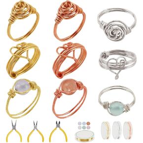 WEBBEDY Wire Wrapped Ring Making Kit, Jewelry Making Supplies Kit with 3-Color Jewelry Wire, Crystal Gemstone Beads, Mini Pliers Tools for Making 12 Sets Rings, 3 Styles