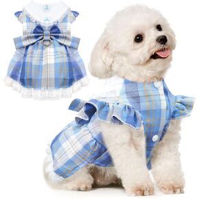 Plaid Dog Dress for Small Dogs Cats Bowknot Girl Dog Clothes with D-Ring Cute Princess Pet Puppy Dresses Spring Summer Pet Outfits for Chihuahua Yorkies Shih Tzu（Blue, X-Small）