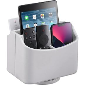 Leather 360 Spinning TV Remote Caddy - 5-Compartment Desk Organizer for Universal Remotes, Phones, Tablets, Pens, Eyeglasses & More (Grey)