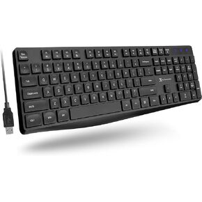 X9 Performance Wired Keyboard - Ultra Slim Full Size Ergonomic Computer Keyboard - Basic USB Keyboard for PC Desktop, Laptop with 5ft Corded Wire, 104 Quiet Keys, 14 Shortcuts, and Kickstand