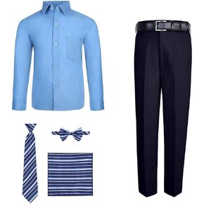 S.H. Churchill & Co. Boy's 6 Piece Crystal Blue Dress Shirt and Navy Comfort Waist Dress Pants Set - Includes Long Tie, Bow Tie, Hanky, and Belt – Size 12