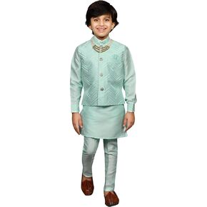 AHHAAAA Kids مزيج الحرير العرقي ملابس تقليدية نمط بوليوود صدرية شيرواني كورتا وبيجامة مع مالا للأولاد 525 in Kuwait