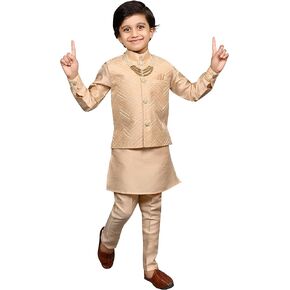 AHHAAAA Kids Ethnic Silk Blend Traditional Wear Bollywood Style Sherwani Waistcoat Kurta and Pyjama with Mala for Boys 525