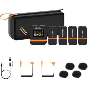 comica Vimo Q Four-Channel Wireless Lavalier Microphone,Compact Lav Mic Wireless Lapel Microphone System with 4 Transmitters and 1 Receiver for iPhone iPad Android Smartphone/Camera/Camcorders