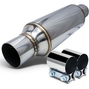 M-AUTO Exhaust Muffler, Universal 16" Overall Length Stainless Steel 2.25" Inlet and Outlet Exhaust Muffler Assembly, Chrome
