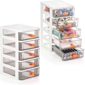 2 Pack Small Desktop Drawer Storage Unit, Clearview 5-Drawer Unit, Plastic Mini Organizer with Drawers, Organizer Box Storage Container Case 5.3"x6.7"x10.2" White Frame