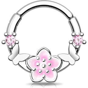 Melighting 16G Flower Septum Ring Butterfly Septum Jewelry Clicker Clear CZ Cartilage Earring Stainless Steel 316L Daith Piercing Jewelry for Women