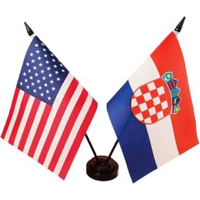 America & Croatia Friendship Twin Desk Flag, US Croatia Table Flags, 8 x 5 Inches American & Croatian Deluxe Desk Flag Set - Miniature USA & Croatia Stick Flag with Flag Stand