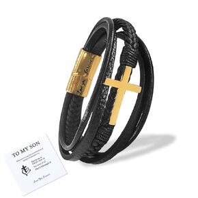 Cross Stainless Steel Leather Bracelet- To My Son Bracelet for Men Religious Leather Wristband Handmade Crucifix Bracelet (Golden, To My Son)