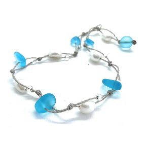 Freshwater Pearl and Turquoise Blue Sea Glass Wrap Bracelet or Anklet, Waterproof and Metal Free, Resort and Island Jewelry, Handmade in the Caribbean