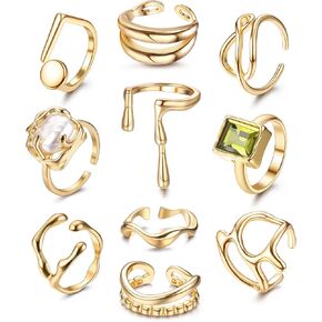 Subiceto 10Pcs Gold Chunky Rings for Women 18K Gold Plated Ring Set Baroque Pearl Ring Adjustable Thick Open Rings Band Statement Jewelry in Kuwait