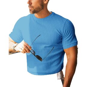 Beotyshow Men's Ribbed Knit T Shirts Short Sleeve Crew Neck Slim Fit Stretchy Muscle Shirts Basic Solid Tee Tops
