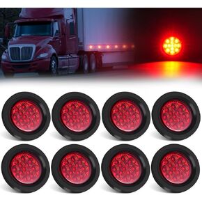 8Pcs 2.5" Red Round 13 LED Side Marker Clearance Lights with Light Grommet and 2-prong Wire Pigtail for Trailer Truck RV, Flush Mount, 12V, IP67 Waterproof