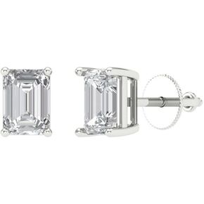 1.9ct Emerald Cut Solitaire White Created Sapphire Unisex Stud Earrings 14k White Gold Screw Back conflict free Jewelry