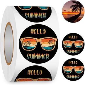 500PCS Hello Summer Label Sticker Roll, 1.5 Inch Round Beach Sunset Stickers for Kids, Happy Summer Holiday Stickers Greeting Cards, Gift Boxes Decorations, Party Favors, Sealed Envelopes