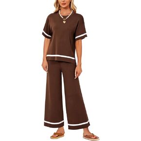 Women 2 Piece Outfits Sets Short Sleeve Knit Sweater Top Wide Leg Pants Lounge Sets