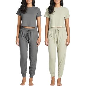 Real Essentials 2 Pack: Women's Ribbed Knit Cropped Short Sleeve Top with Jogger Sweatpants Lounge Set Sleep
