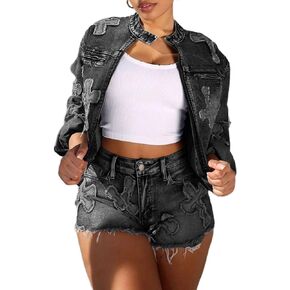 Denim Short Sets Women 2 Piece Outfits Long Sleeve Zip Up Cropped Jacket Raw Hem Skinny Jean Shorts Set