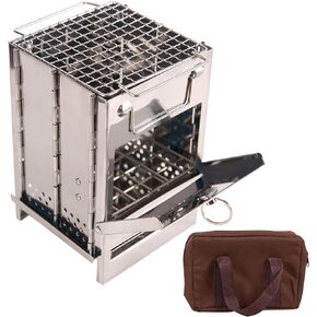 Portable Folding Camping Wood Stove for Outdoor Cooking, Lightweight Stainless Steel Wood Burning Camp Stove with Grill for Backpacking BBQ Picnic, Small