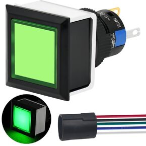Push Button Switch Square 21 * 21mm Mounting Hole with Light 24V DC LED Latching SPDT 5 Pin ON/Off Waterproof Ultra Thin Flat Button with Wire