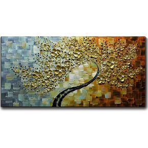 V-inspire Art,24x48 Inch Modern Hand Painted Abstract Lucky Tree Canvas Art Golden Flower 3D Oil Painting Canvas Living room bedroom dining room Wall Decoration Wood Inside Framed Ready to Hang
