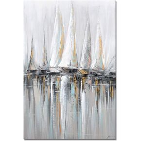 Yihui Arts Coastal Canvas Wall Art - Hand Painted Beach Painting for Living Room, Bedroom, and Bathroom Decor - Seagulls on Boat Pictures - Seascape Coastal Artwork