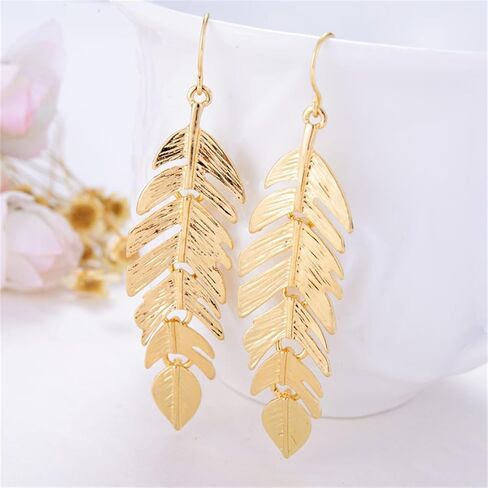 Handmade Leaf Earrings for Women Girls Chic Long Hanging Gold Boho Leaf Dangle Drop Plant Earrings Trendy Lightweight Bohemian Feather Earrings Greek Goodness Accessories (Gold) in Saudi Arabia