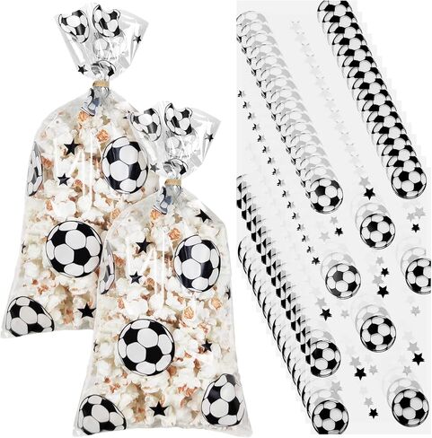 100 Pcs Football Party Favors Packs Cellophane Treat Goodie Bags, Bulk Soccer Clear Gift Bags with Candy Cookie Snack, Soccer Team Birthday Supplies for Kids & Adults in Kuwait