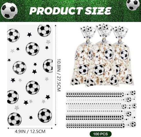 100 Pcs Football Party Favors Packs Cellophane Treat Goodie Bags, Bulk Soccer Clear Gift Bags with Candy Cookie Snack, Soccer Team Birthday Supplies for Kids & Adults in Kuwait