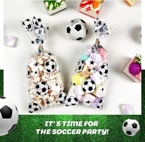 100 Pcs Football Party Favors Packs Cellophane Treat Goodie Bags, Bulk Soccer Clear Gift Bags with Candy Cookie Snack, Soccer Team Birthday Supplies for Kids & Adults in Kuwait