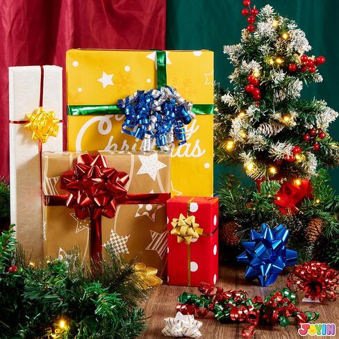 JOYIN 42 قطعة من أقواس هدايا عيد الميلاد المتنوعة مع 36 أقواس هدايا ذاتية اللصق متعددة الألوان متنوعة الحجم، 2 أقواس مجعدة و4 أقواس بهرج لتغليف الهدايا، شريط تغليف عيد الميلاد (4 أحجام) in Saudi Arabia