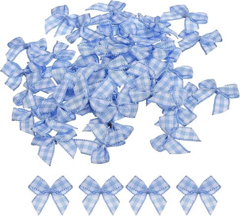 MECCANIXITY 50Pcs Mini Gingham Ribbon Bow 1" Checkered Fabric Satin Ribbon Bows for Craft DIY Hair Bow Sewing Wedding Birthday Party Blue and White in Saudi Arabia