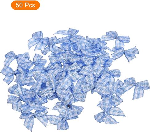 MECCANIXITY 50Pcs Mini Gingham Ribbon Bow 1" Checkered Fabric Satin Ribbon Bows for Craft DIY Hair Bow Sewing Wedding Birthday Party Blue and White in Saudi Arabia
