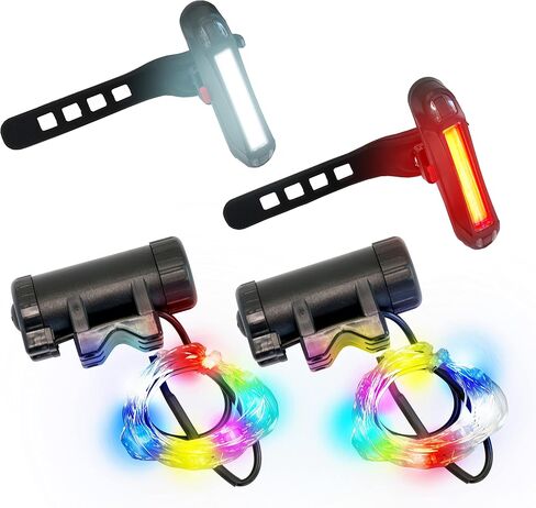 LED Bike Wheel Lights 2-Pack (Rechargeable, RGB Color-Changing) with White Headlight and Red Taillight Bundle of Cycling Accessories. Super Bright 7 Colors and Auto-Color Change Mode. in Saudi Arabia